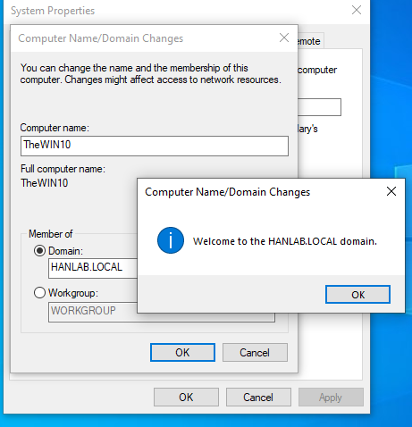Joining Windows 10 to Domain Screenshot